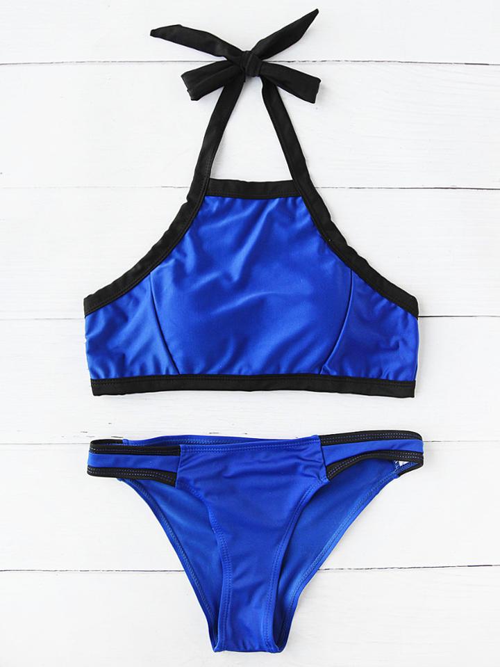 Romwe Contrast Trim Side Cutout Halter Bikini Set