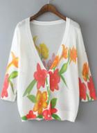 Romwe White V Neck Red Floral Knit Cardigan