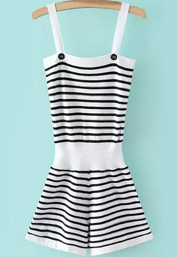 Romwe Straps With Button Striped Romper