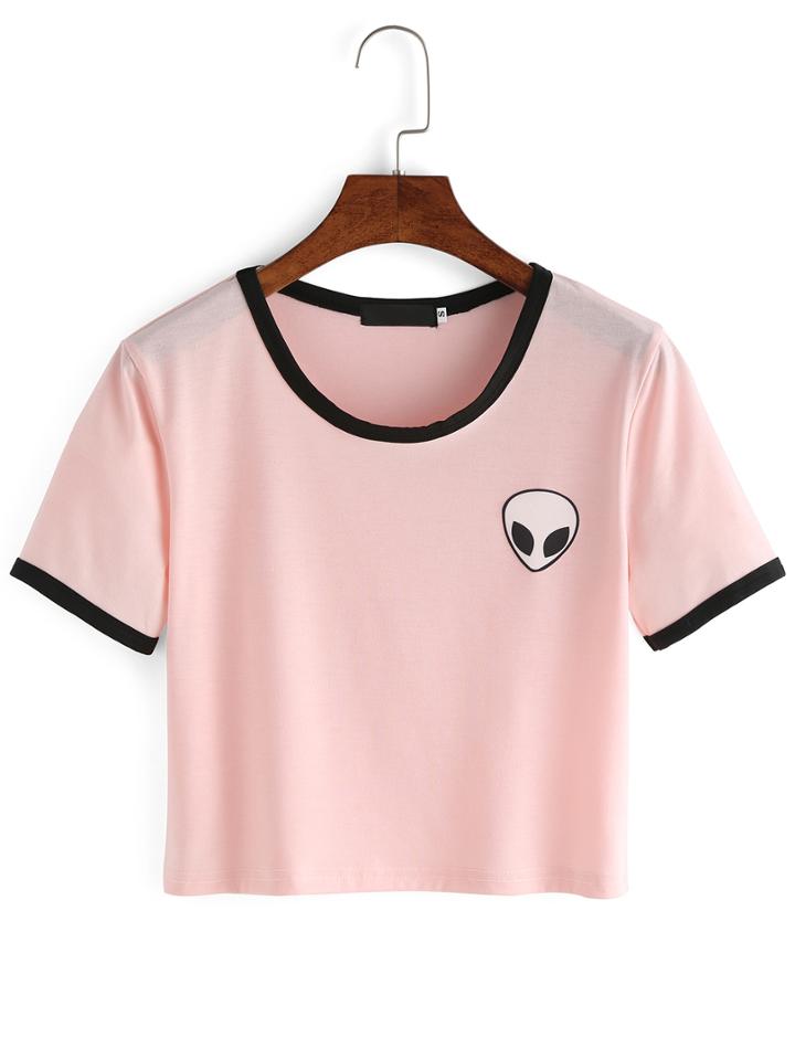 Romwe Pink Crew Neck Alien Print Crop T-shirt