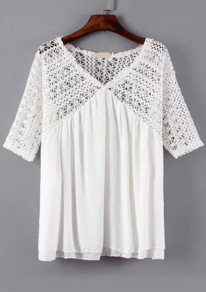 Romwe V Neck Hollow Lace White Top