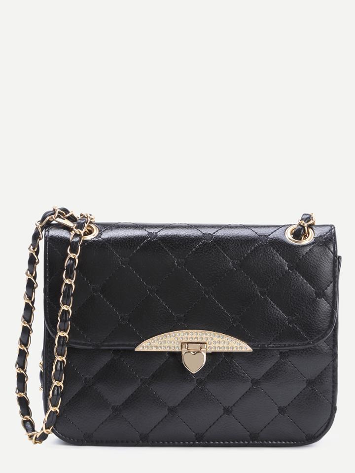Romwe Black Faux Leather Quilted Flap Heart Shaped Lock Chain Bag