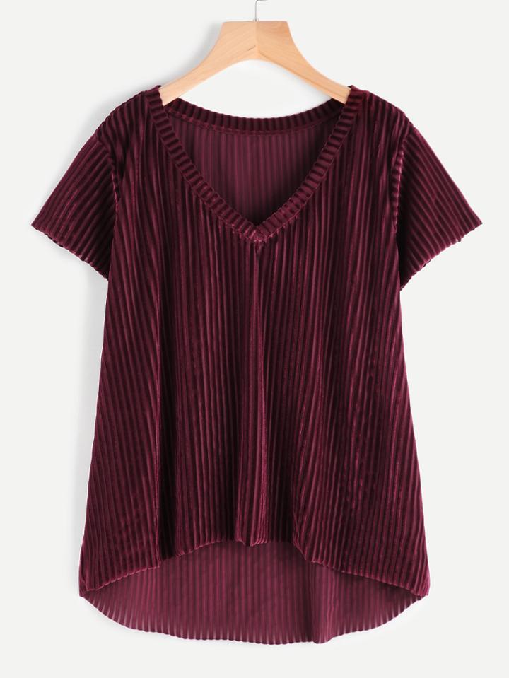 Romwe V Neck High Low Striped Velvet Tee