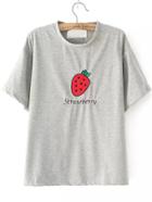 Romwe Strawberry Patch Embroidered Grey T-shirt