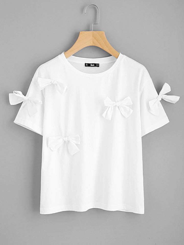 Romwe Bow Embellished T-shirt