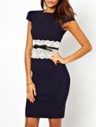 Romwe Contrast Lace Slit Sheath Navy Dress