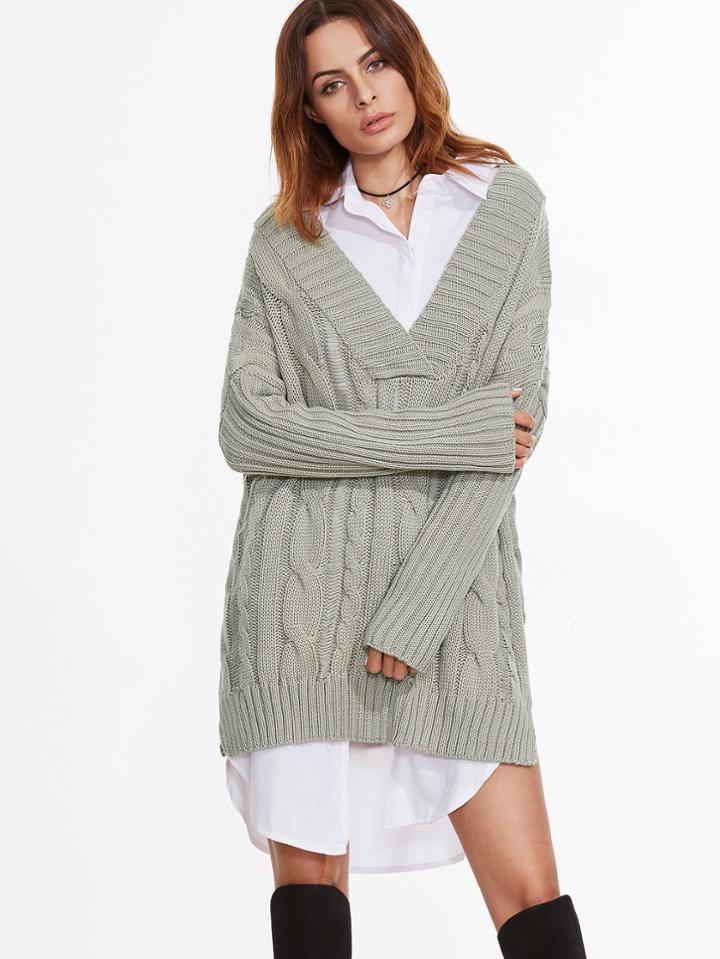 Romwe V Neck Drop Shoulder Slit Side Cable Knit Sweater