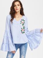 Romwe Exaggerated Tiered Bell Sleeve Embroidered Striped Top