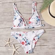 Romwe Plunge Top With Floral Print Bikini Set