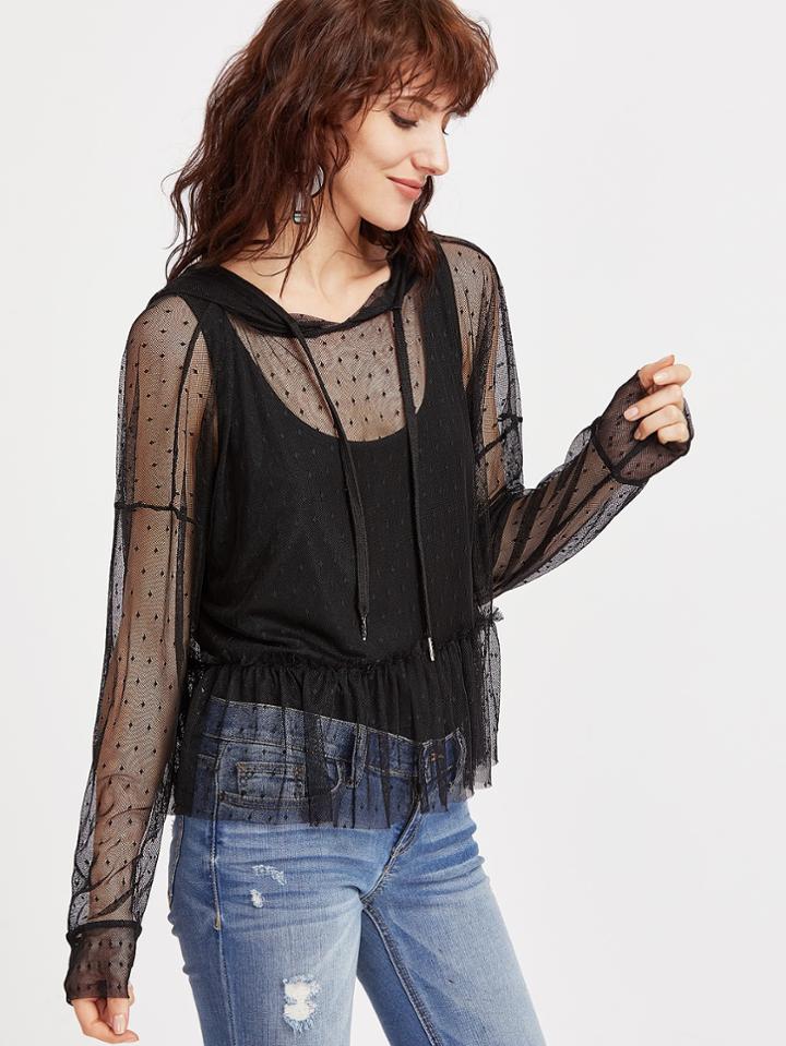 Romwe Black Ruffle Hem Dotted Mesh Hoodie With Tank Top