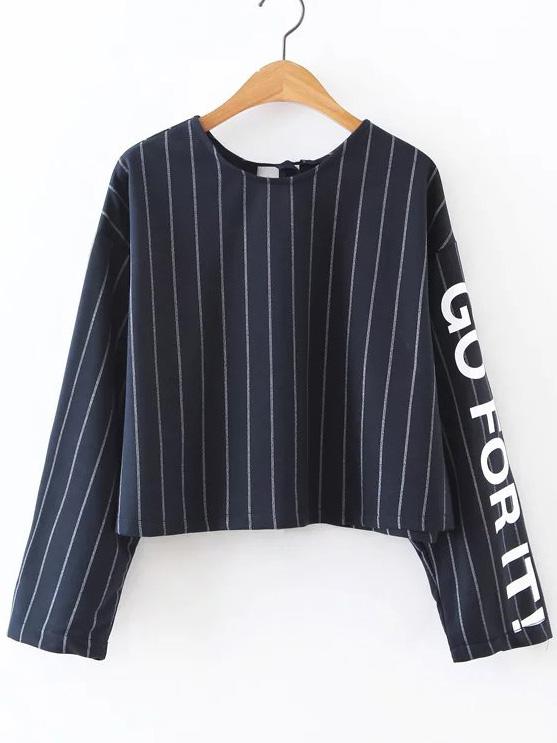 Romwe Navy Vertical Striped Letter Print Tie Back Sweatshirt