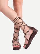Romwe Coffee Open Toe Lace Up Studded Gladiator Sandals