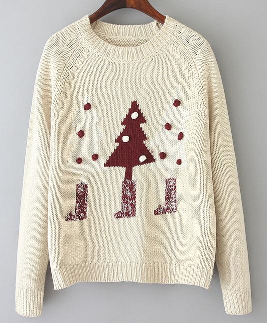 Romwe Christmas Tree Twisted Ball White Sweater