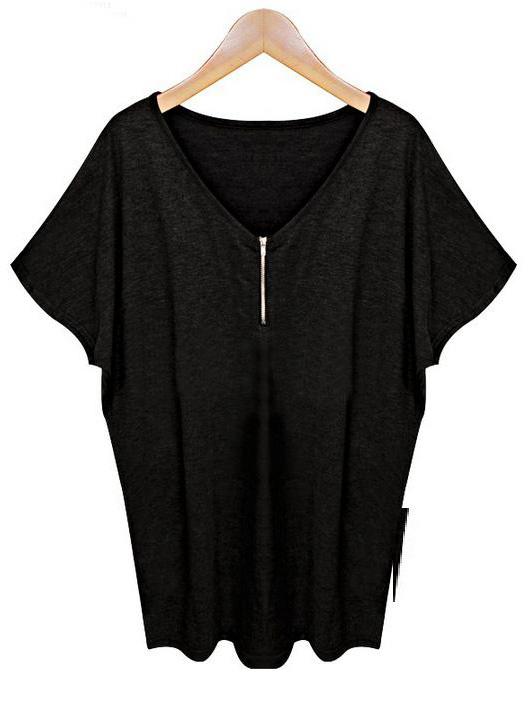 Romwe Zipper Front Bat Sleeve Black T-shirt