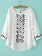 Romwe White Embroidered Three Quarter Sleeve Blouse