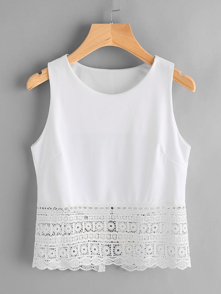 Romwe Contrast Crochet Hollow Out Slit Back Tank Top