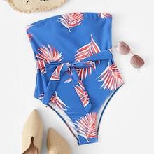 Romwe Random Leaf Pattern Belt One Piece Swim
