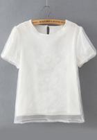 Romwe Short Sleeve Embroidered Organza White Top