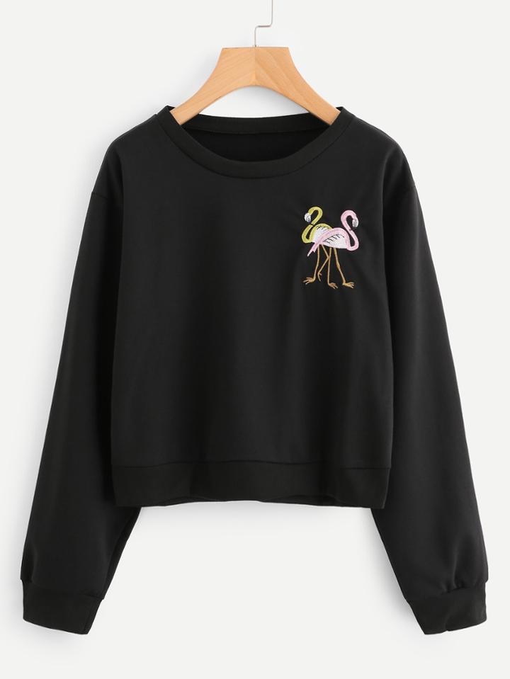 Romwe Flamingo Embroidered Sweatshirt