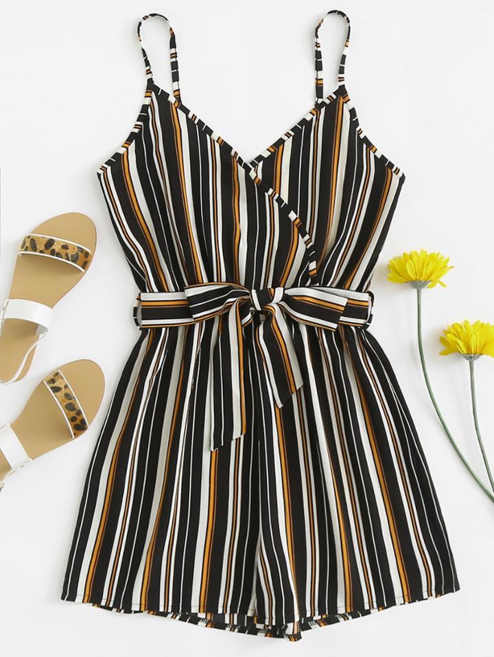 Romwe Self Tie Waist Striped Cami Romper