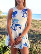 Romwe Blue Flower Print Self Tie Cutout Pleated Dress