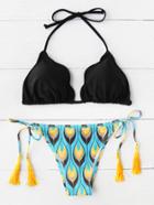 Romwe Feather Print Tassel Tie Triangle Bikini Set