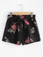 Romwe Floral Print Self-waist Shorts