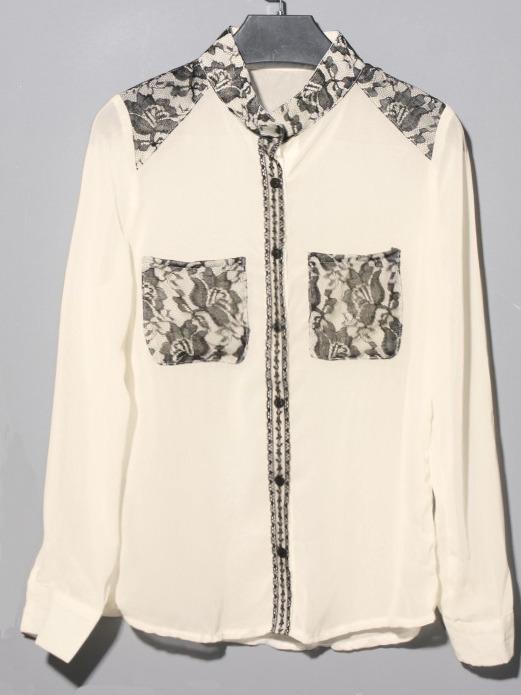 Romwe Stand Collar Contrast Lace Beige Blouse