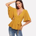 Romwe Flounce Sleeve Wrap Belted Peplum Tea Top