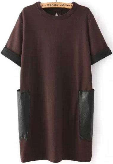 Romwe Contrast Pu Leather Pockets Knit Khaki Dress