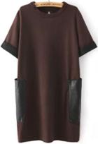 Romwe Contrast Pu Leather Pockets Knit Khaki Dress