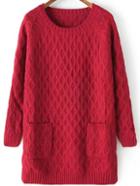 Romwe Round Neck Pockets Long Red Sweater