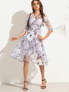 Romwe Flower Print Sheer Organza A-line Dress