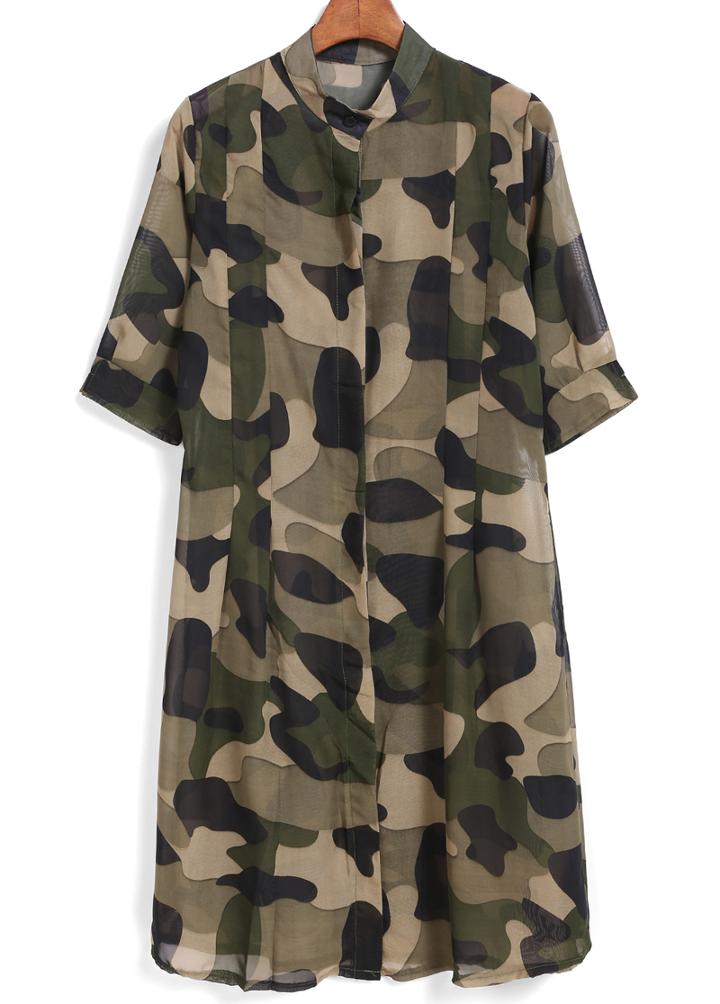 Romwe Lapel Camouflage Chiffon Shirt Dress