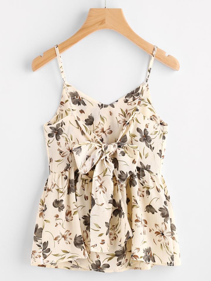 Romwe Floral Print Random Bowknot Back Smock Cami Top