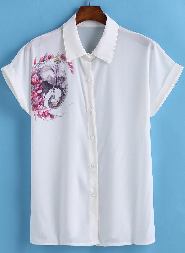 Romwe Lapel Elephant Print Cuffed Blouse