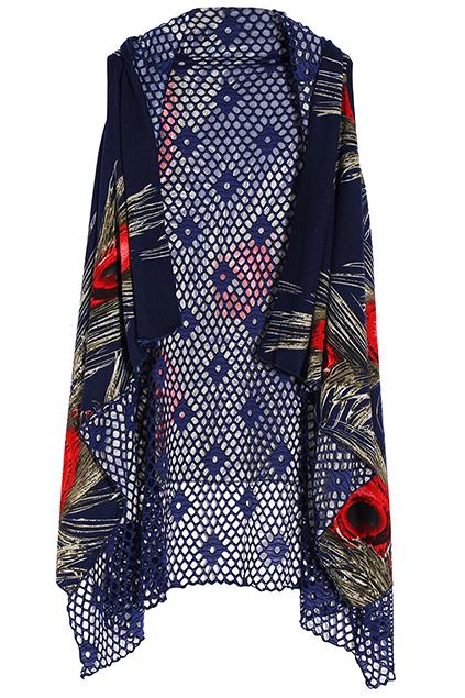 Romwe Peacock Feathers Blue Cardigan