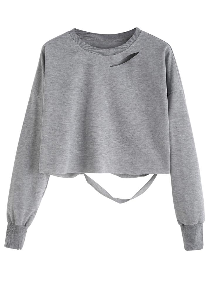 Romwe Light Grey Drop Shoulder Cut Out Crop T-shirt