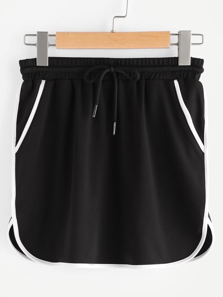 Romwe Contrast Binding Dolphin Hem Drawstring Skirt