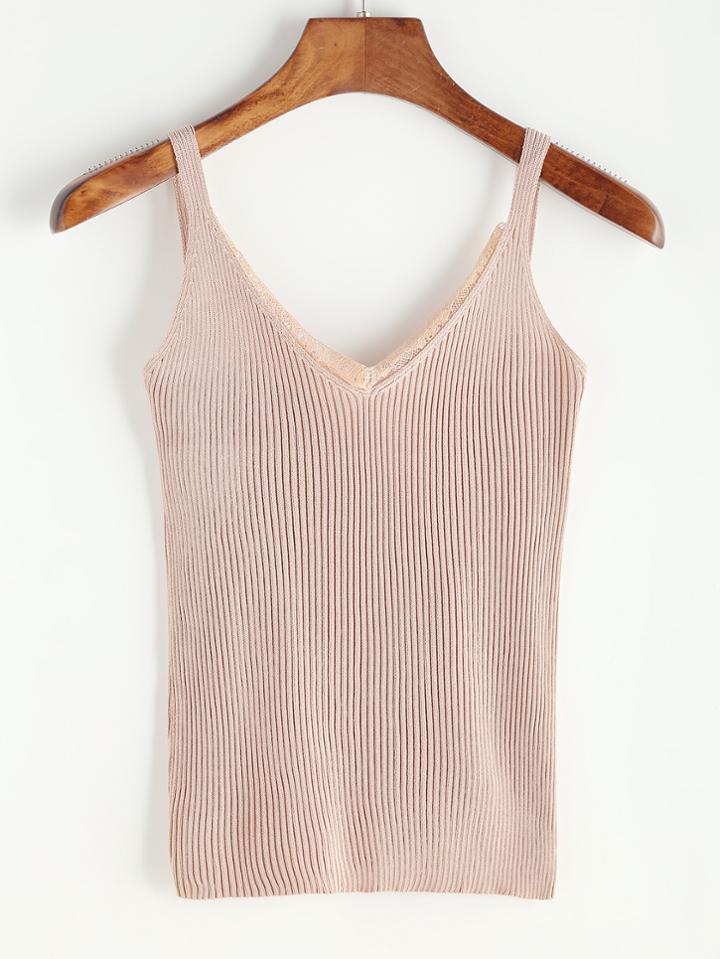 Romwe Lace Trim Ribbed Knitted V Neck Cami Top