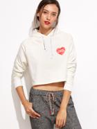 Romwe Beige Heart Embroidered Crop High Low Hooded Sweatshirt