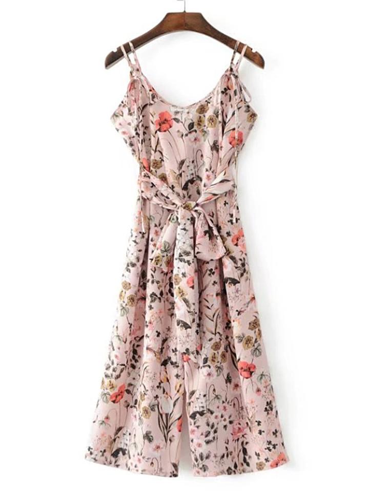 Romwe Floral Print Strappy Jumpsuit With Self Tie