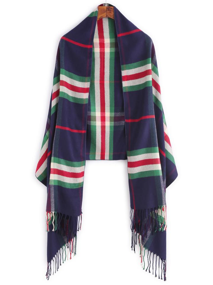 Romwe Navy Plaid Fringe Trim Scarf