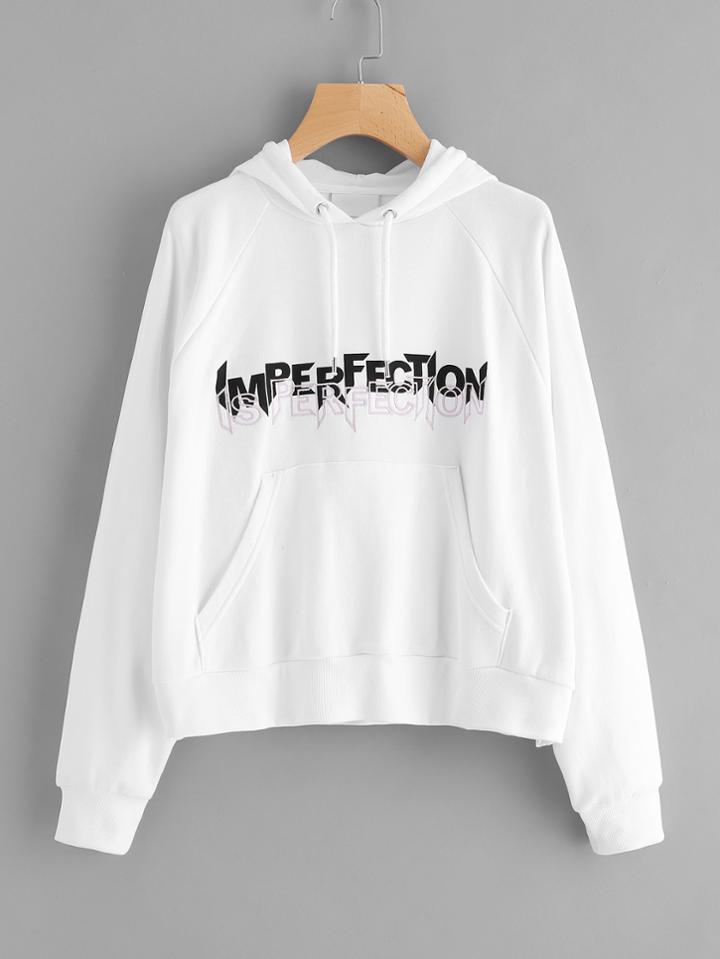 Romwe Raglan Sleeve Pocket Front Embroidered Graphic Hoodie