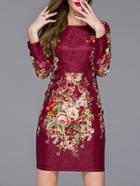 Romwe Red Round Neck Long Sleeve Jacquard Floral Print Dress