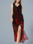Romwe Red V Neck Sleeveless Floral Print Maxi Dress