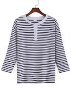 Romwe With Buttons Striped T-shirt