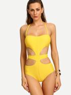 Romwe Halter Neck Cutout One-piece Swimwear - Yellow