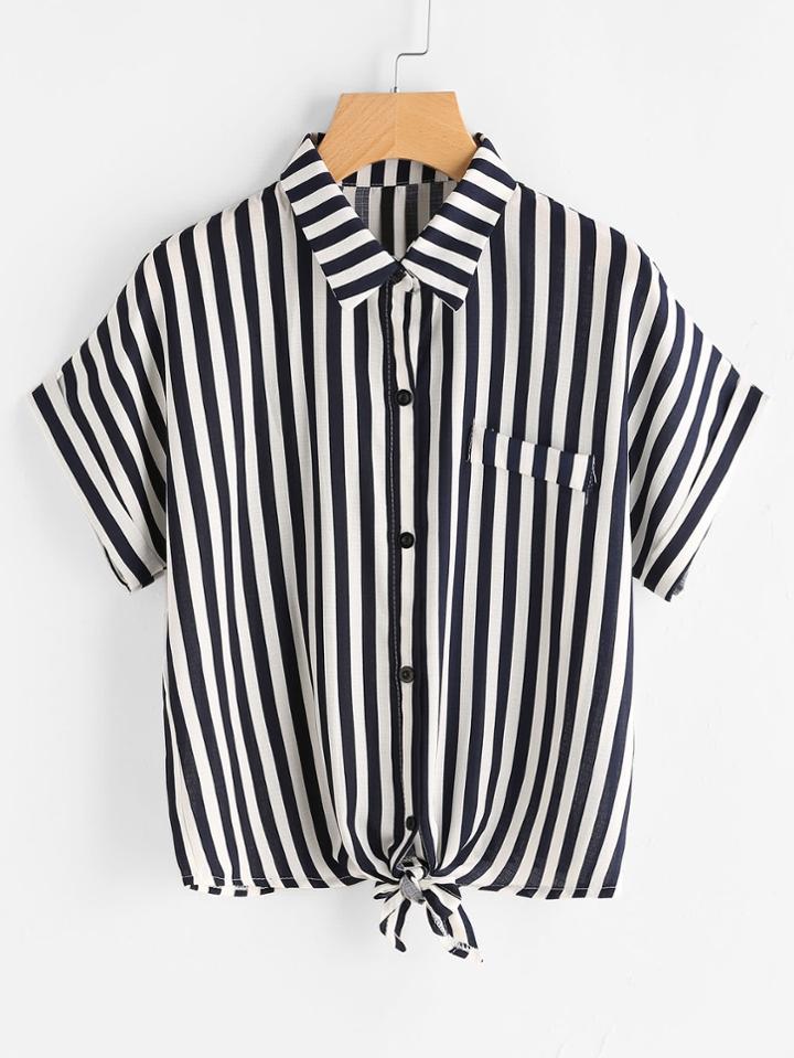 Romwe Vertical Striped Knot Front Cuffed Shirt