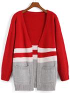 Romwe Striped Pockets Red Grey Coat